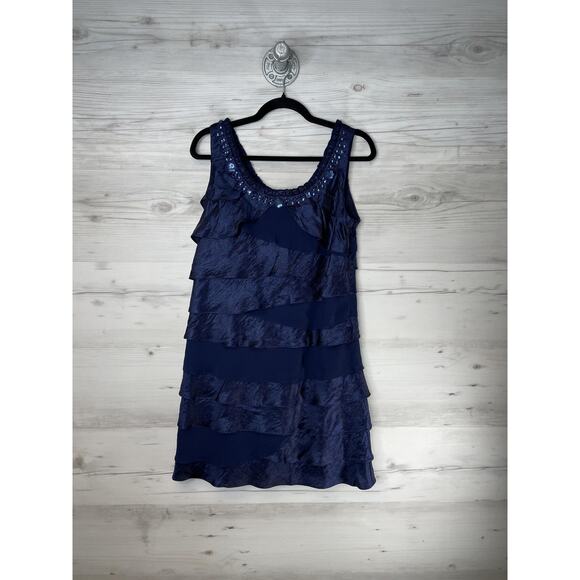 S.L. Fashions Dress Womens 14P Navy Tiered Ruffle Beaded Scoop Neck Cocktail - Picture 1 of 9